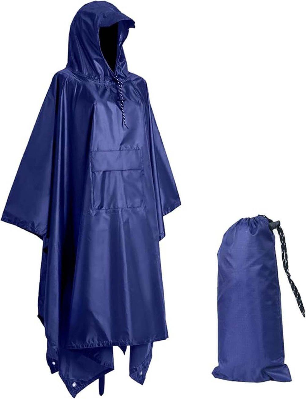 3-in-1 Waterproof Rain Jacket Poncho with Hood, Breathable for Outdoor Activities, Blue - Image 1