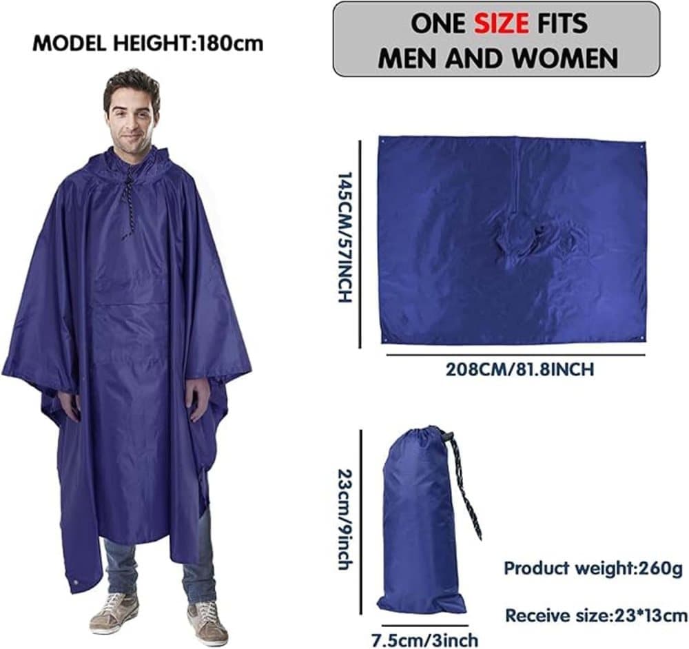 3-in-1 Waterproof Rain Jacket Poncho with Hood, Breathable for Outdoor Activities, Blue - Image 2
