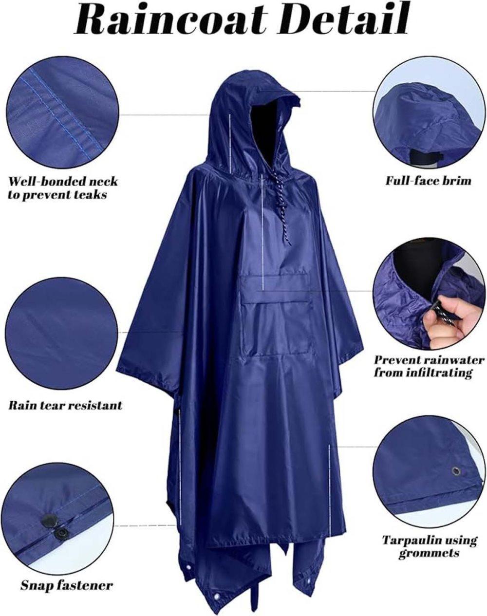 3-in-1 Waterproof Rain Jacket Poncho with Hood, Breathable for Outdoor Activities, Blue - Image 3