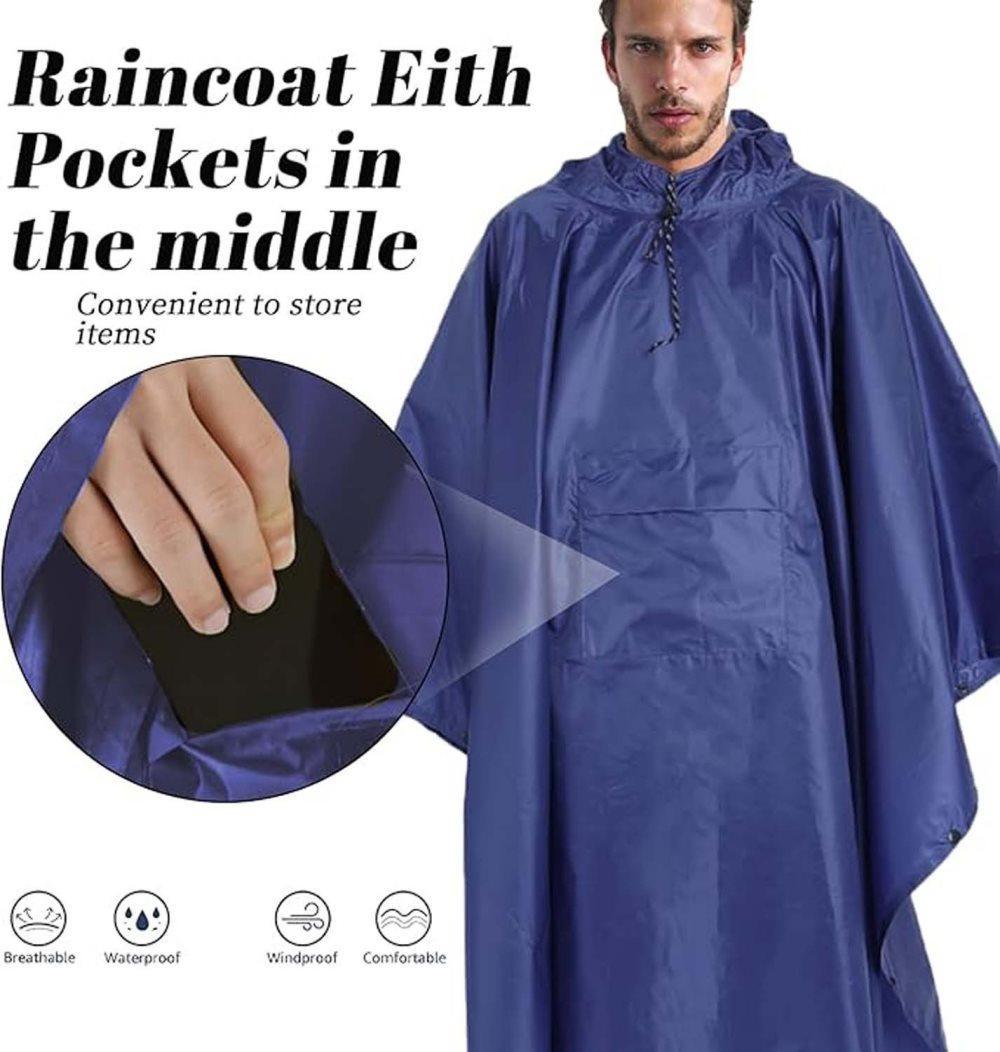 3-in-1 Waterproof Rain Jacket Poncho with Hood, Breathable for Outdoor Activities, Blue - Image 4