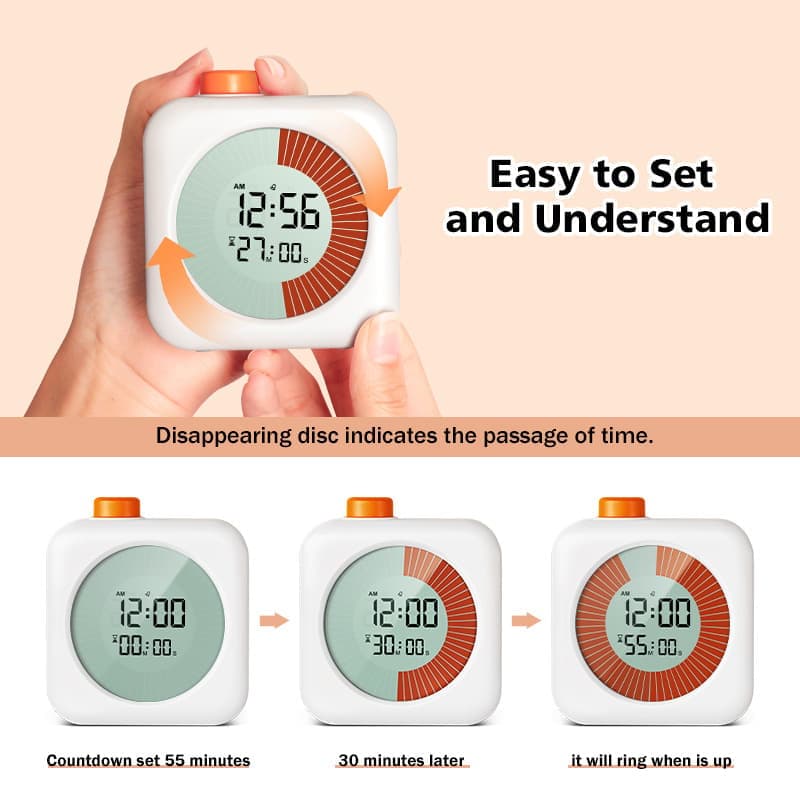 Digital Visual Timer 3-in-1 Clock Alarm with 60 Min Countdown, White - Image 3