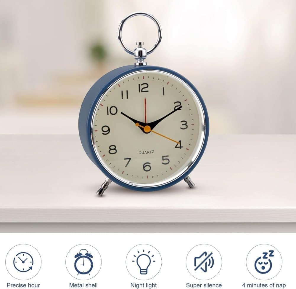 Silent Analog Alarm Clock with Snooze Button, Retro Design and Lighting, 16x11 cm, Blue - Image 3
