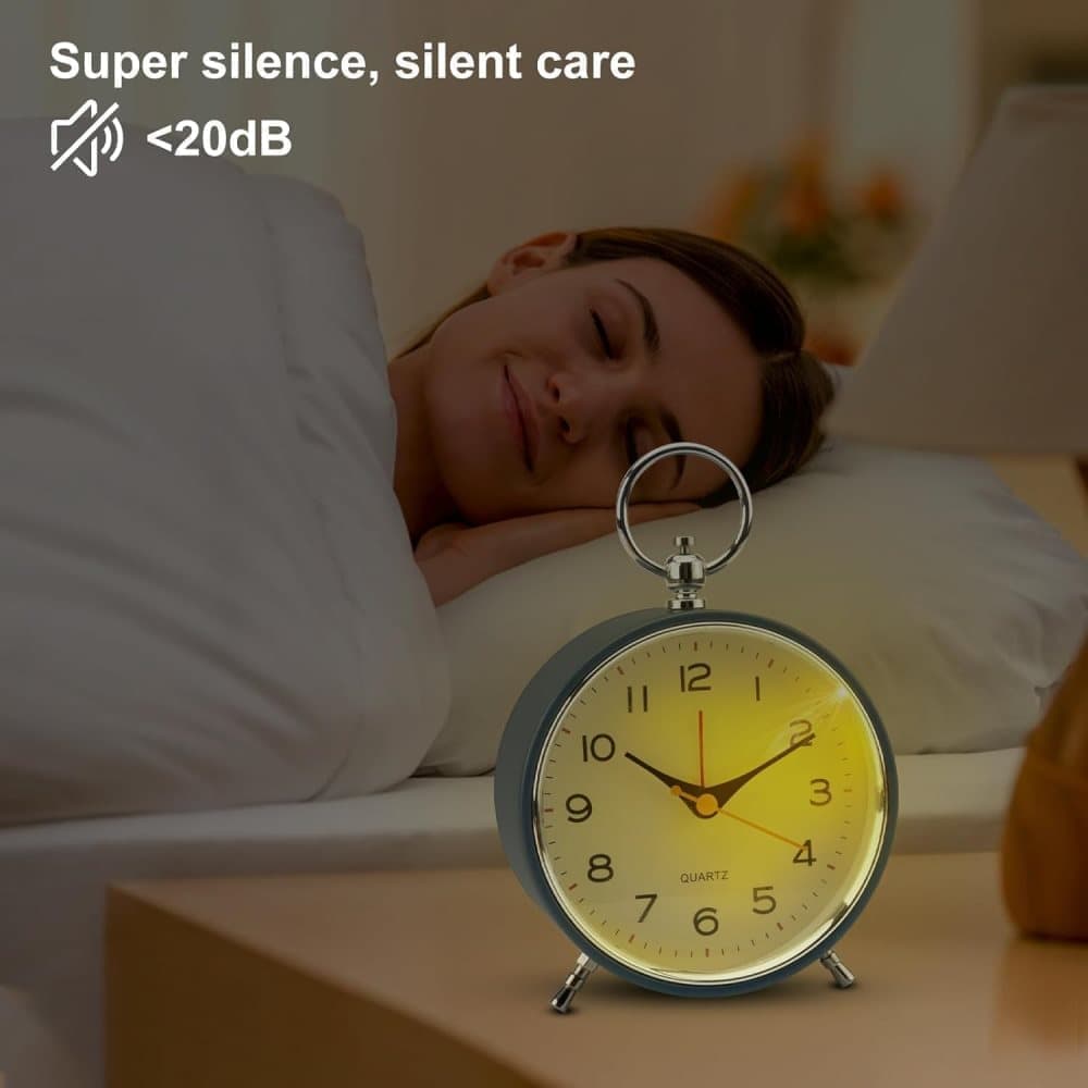 Silent Analog Alarm Clock with Snooze Button, Retro Design and Lighting, 16x11 cm, Blue - Image 5