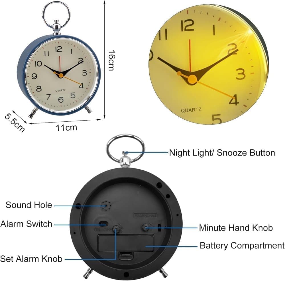 Silent Analog Alarm Clock with Snooze Button, Retro Design and Lighting, 16x11 cm, Blue - Image 8