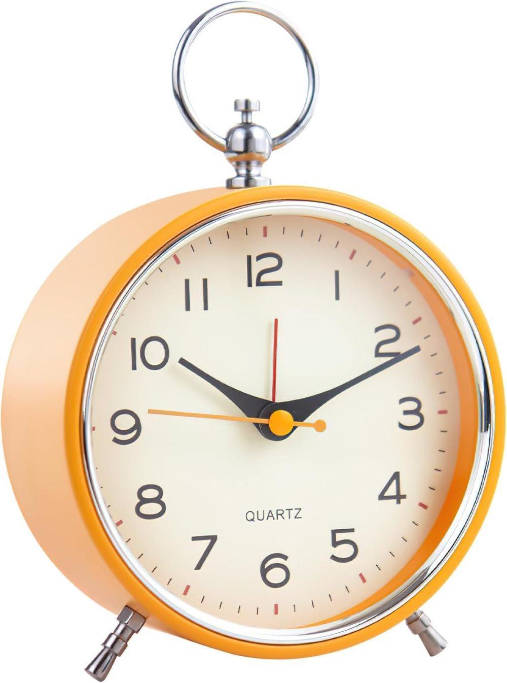Silent Analog Alarm Clock with Snooze Button, Retro Design and Lighting, 16x11 cm, Orange - Image 1