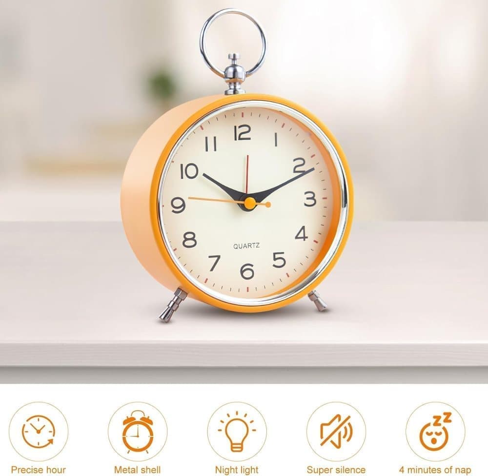 Silent Analog Alarm Clock with Snooze Button, Retro Design and Lighting, 16x11 cm, Orange - Image 2