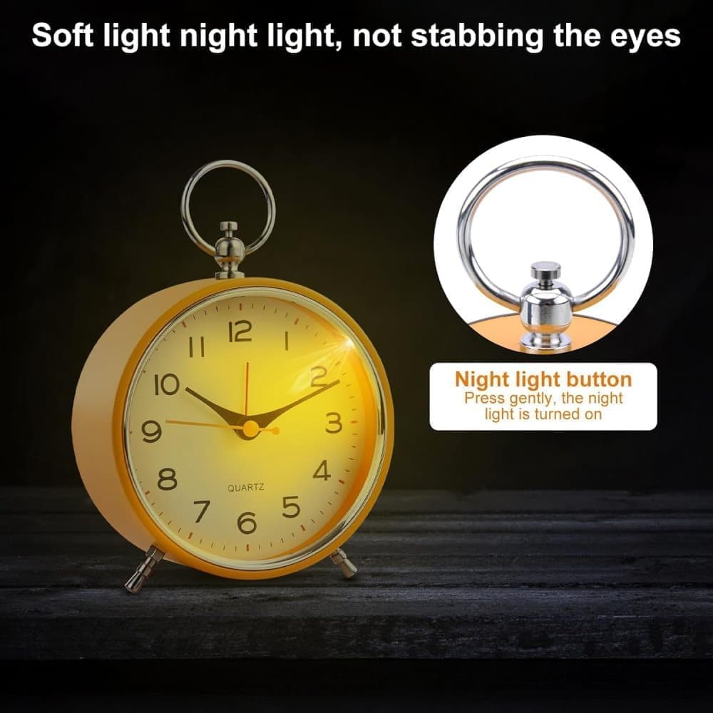 Silent Analog Alarm Clock with Snooze Button, Retro Design and Lighting, 16x11 cm, Orange - Image 4