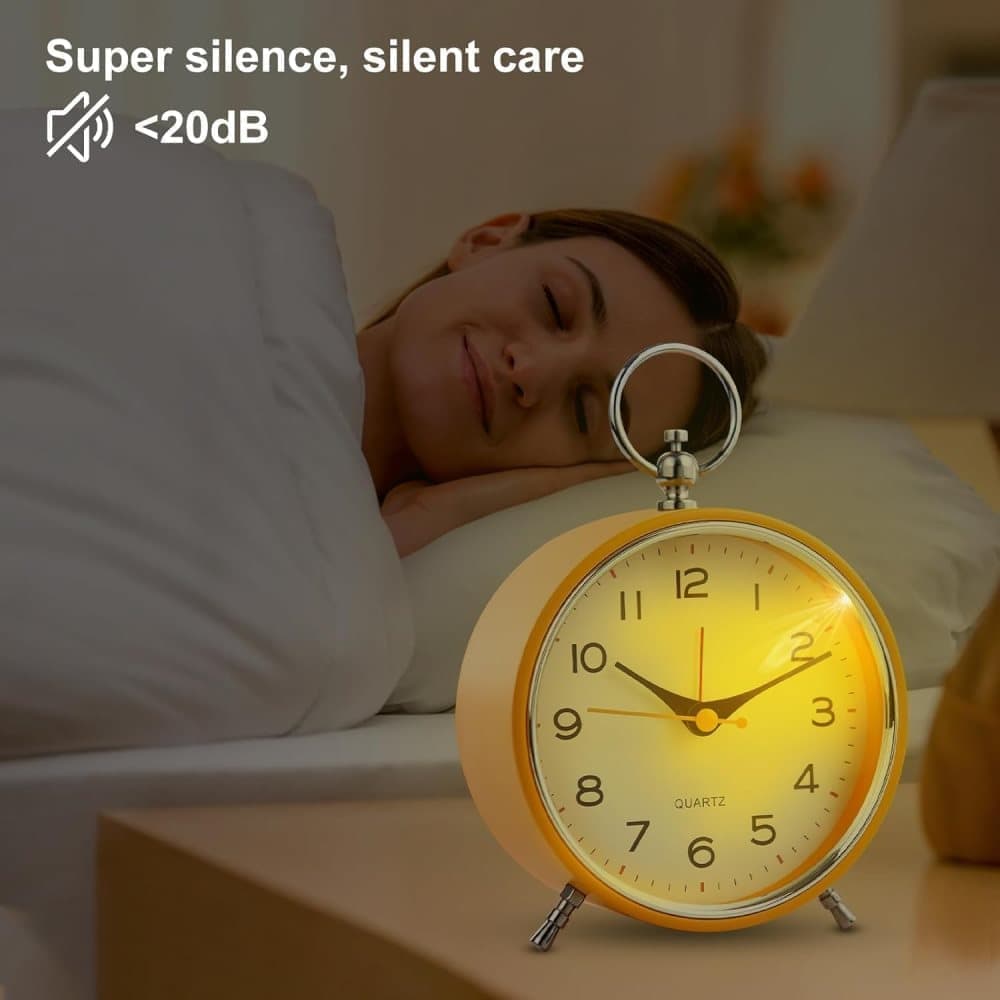 Silent Analog Alarm Clock with Snooze Button, Retro Design and Lighting, 16x11 cm, Orange - Image 5