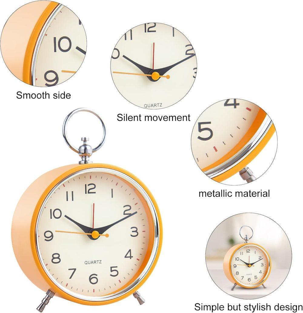 Silent Analog Alarm Clock with Snooze Button, Retro Design and Lighting, 16x11 cm, Orange - Image 6
