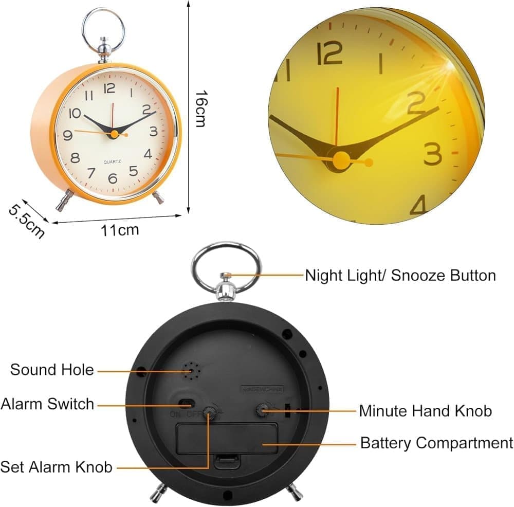 Silent Analog Alarm Clock with Snooze Button, Retro Design and Lighting, 16x11 cm, Orange - Image 7