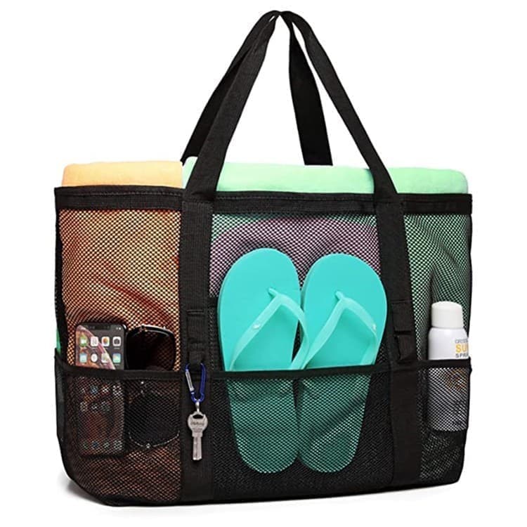 6 Pockets Mesh Beach Bag, Foldable Picnic Bag for Family, Compatible with Oral-B, Large, Black - Image 1