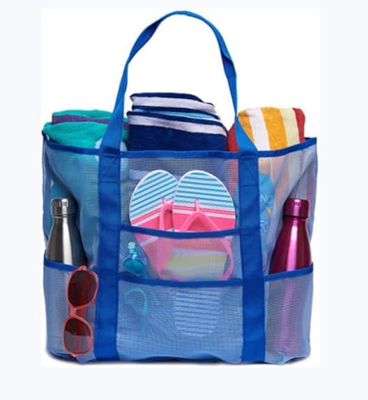 6 Pockets Foldable Mesh Beach Bag for Family Picnic, One Size, Blue - Image 1