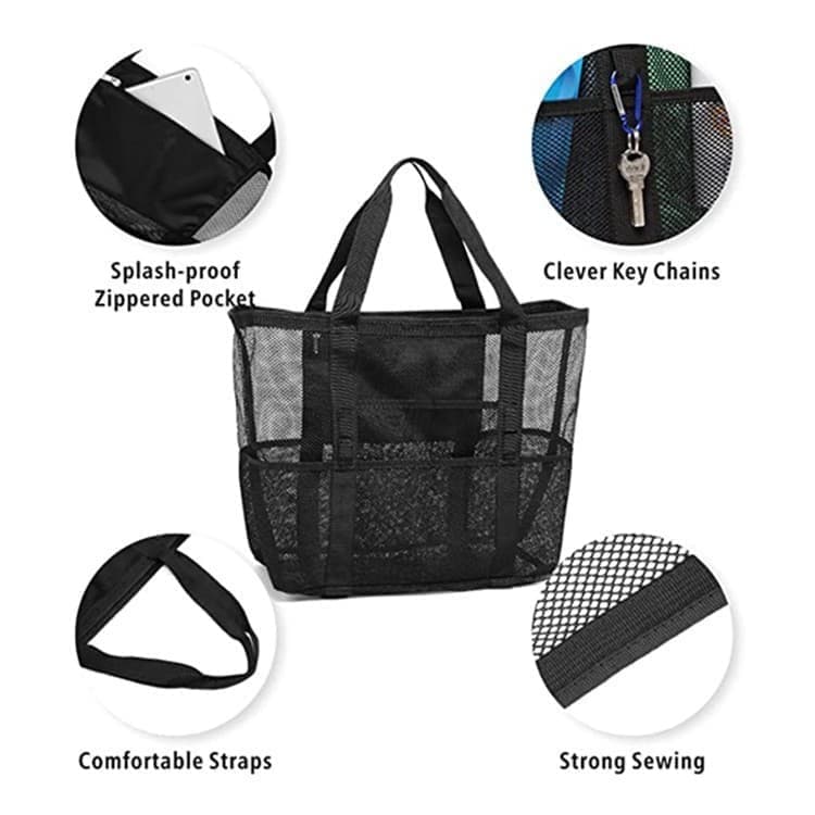 6 Pockets Foldable Mesh Beach Bag for Family Picnic, One Size, Blue - Image 3