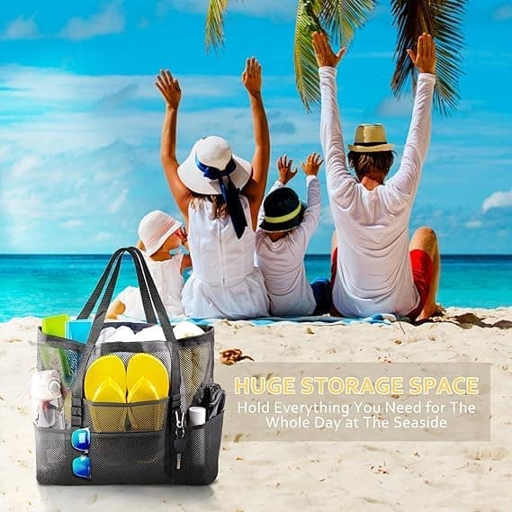 6 Pockets Foldable Mesh Beach Bag for Family Picnic, One Size, Blue - Image 4
