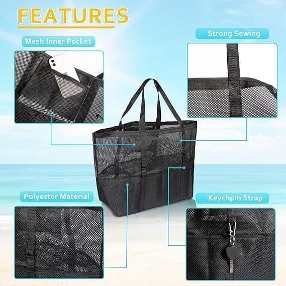 6 Pockets Foldable Mesh Beach Bag for Family Picnic, One Size, Blue - Image 7