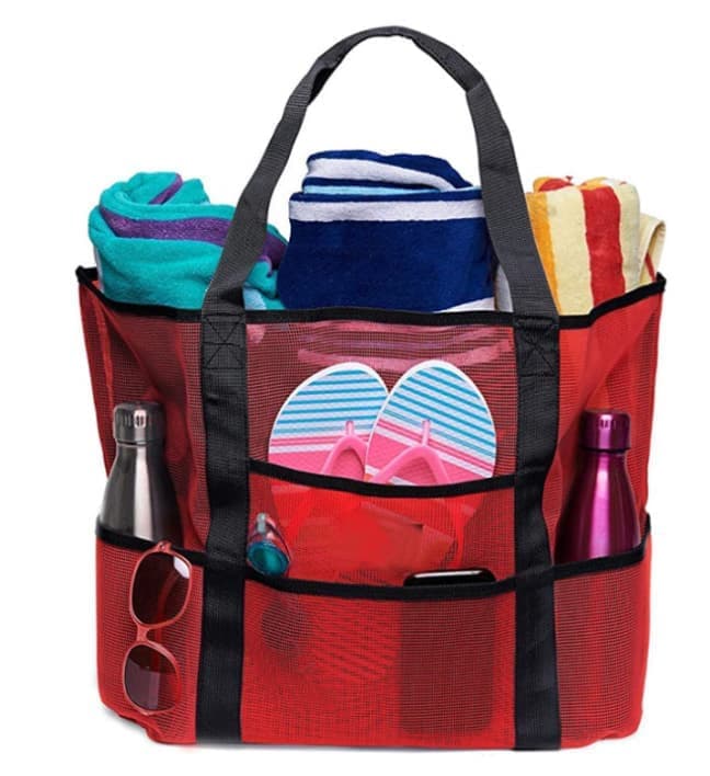 6-Pocket Foldable Mesh Beach Bag for Family Picnic, One Size, Red - Image 1