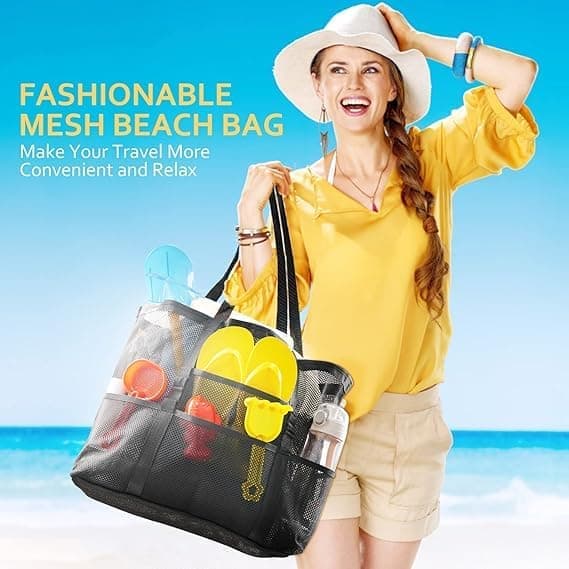 6-Pocket Foldable Mesh Beach Bag for Family Picnic, One Size, Red - Image 5