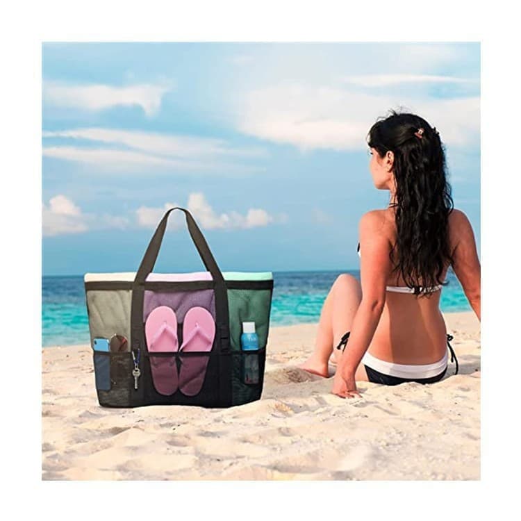 Foldable Beach Bag with 6 Mesh Pockets for Family Picnic, Green, 1 Pack - Image 6