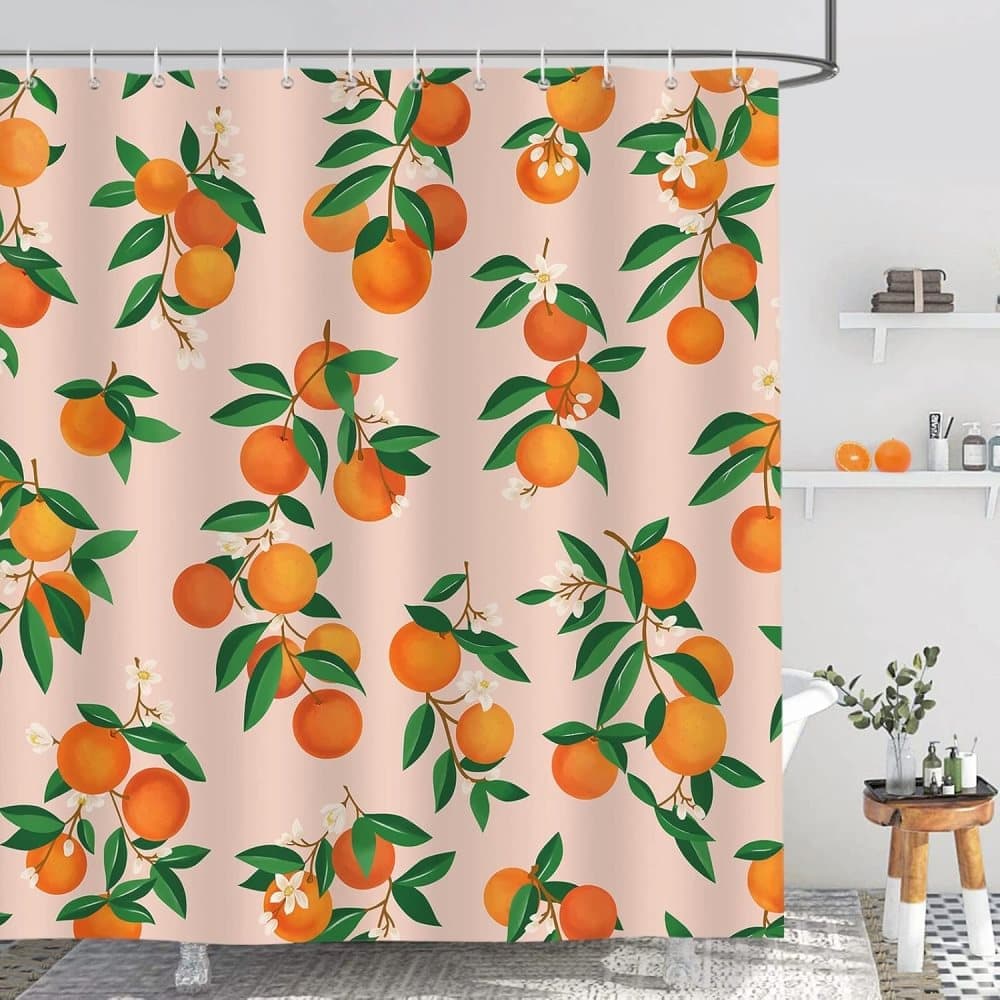 3D Fruit Shower Curtain Waterproof Mold Resistant with 12 Hooks, 70x72 inches, Orange - Image 1