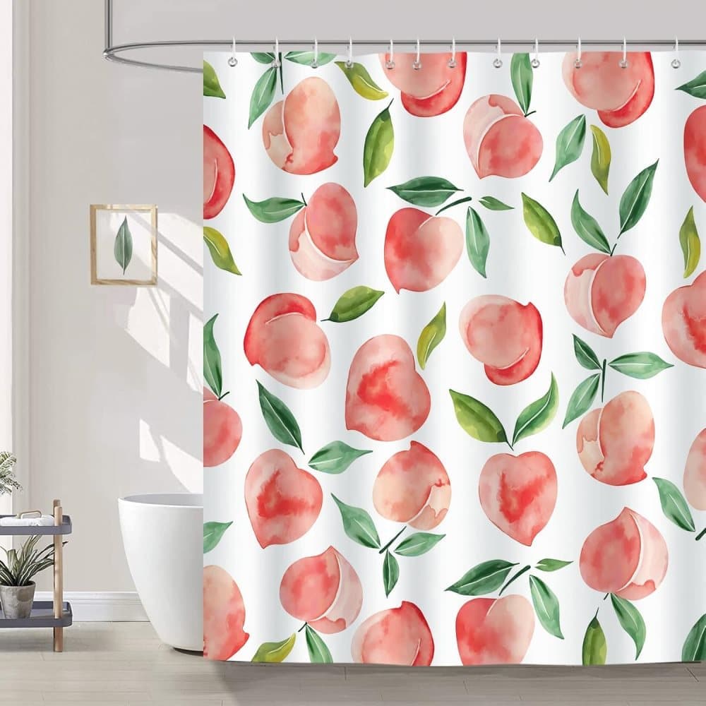 70x72 inches Shower Curtain 3D Fruit Motif Waterproof Mold Resistant with 12 Hooks, Pink - Image 1