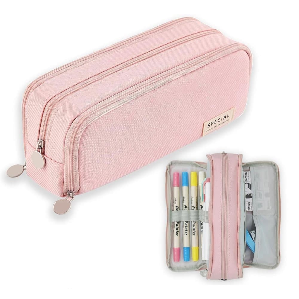 Pink 3 Compartment Pencil Case for School, Multifunctional Pencil Bag for Pencils - Image 1