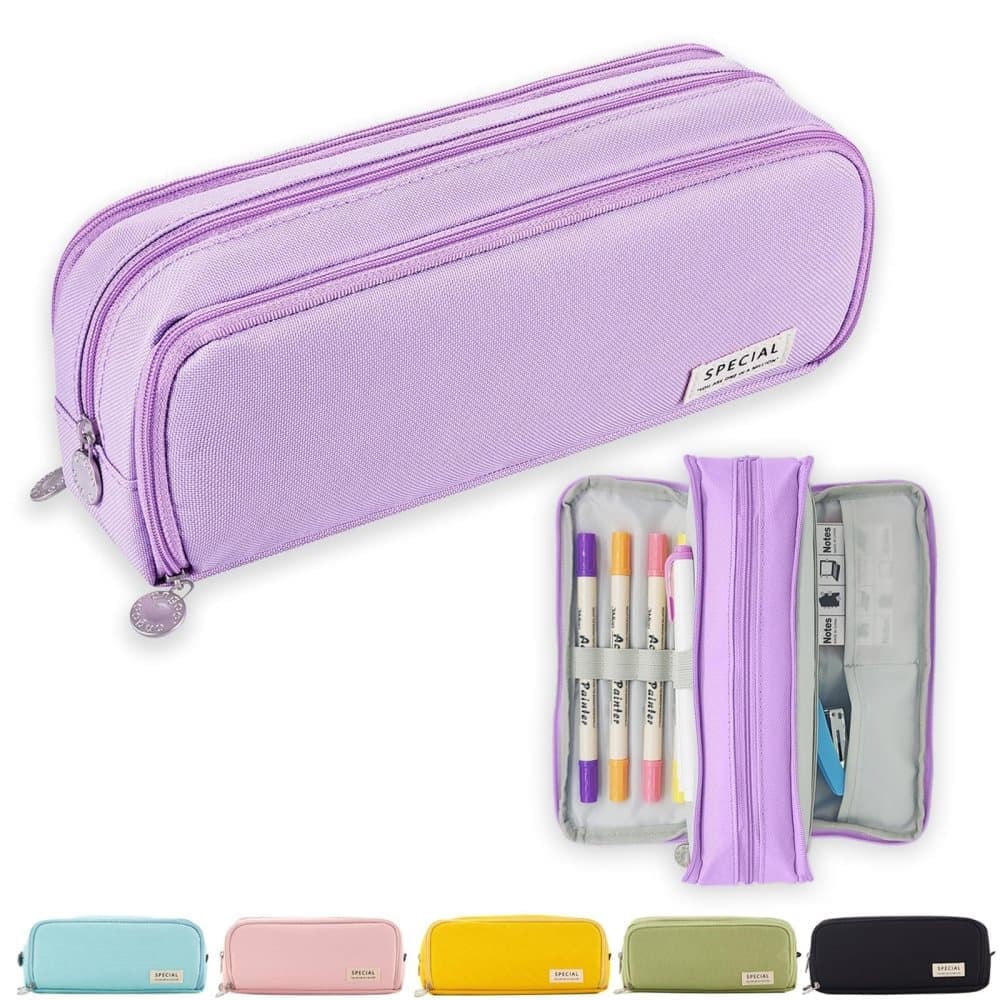 Purple 3 Compartment Pencil Case, Multifunctional School Pencil Bag - Image 1