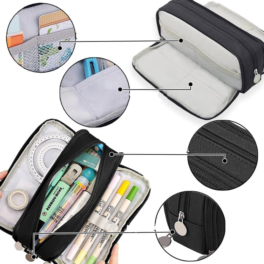 3 Compartments Spacious Pencil Case Multifunctional School Pencil Bag, Dark Blue - Image 4