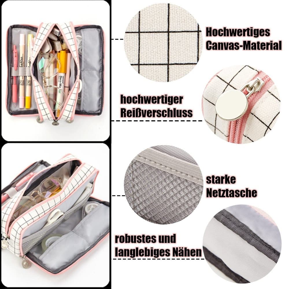 White Spacious Pencil Case with 3 Compartments, School Pencil Bag, Multifunctional Holder - Image 4