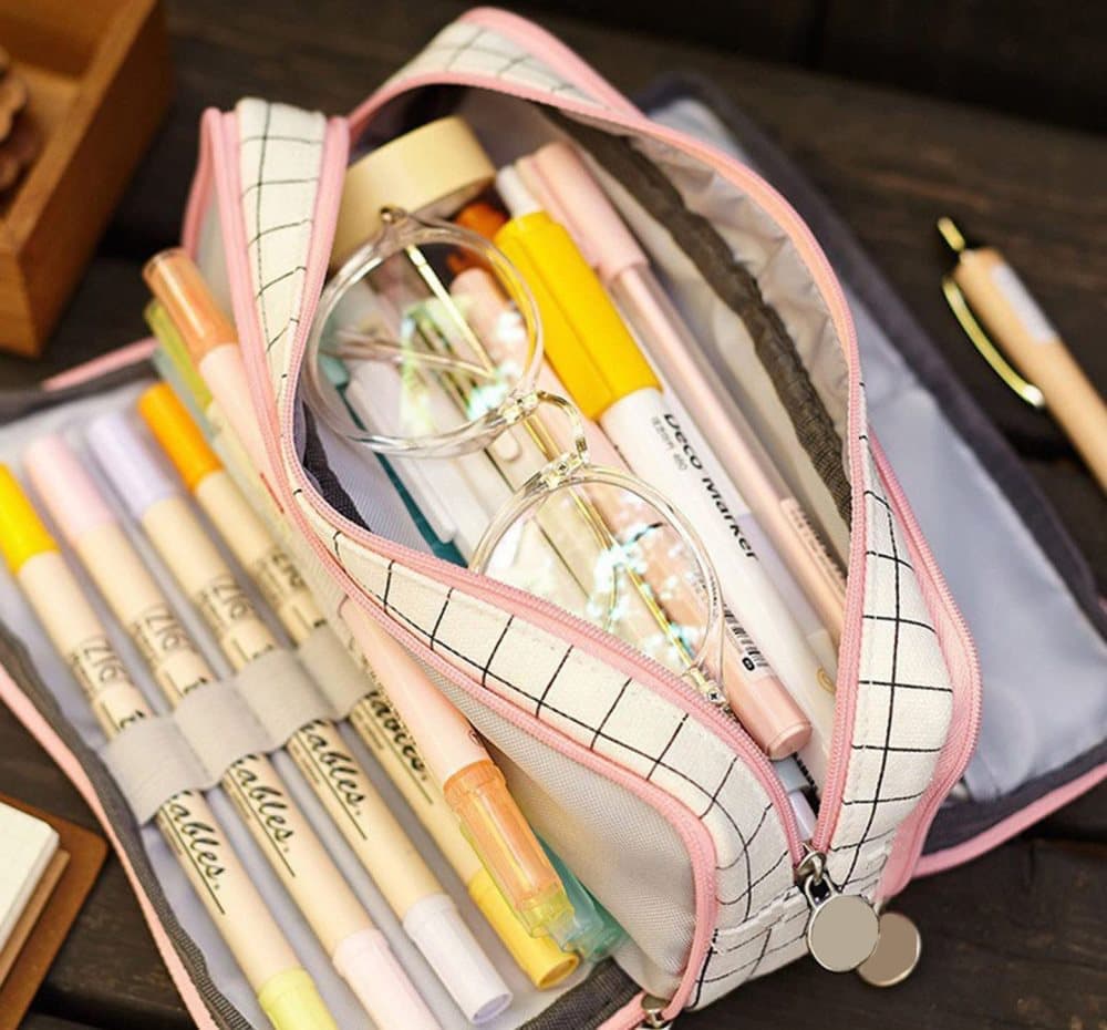 White Spacious Pencil Case with 3 Compartments, School Pencil Bag, Multifunctional Holder - Image 5