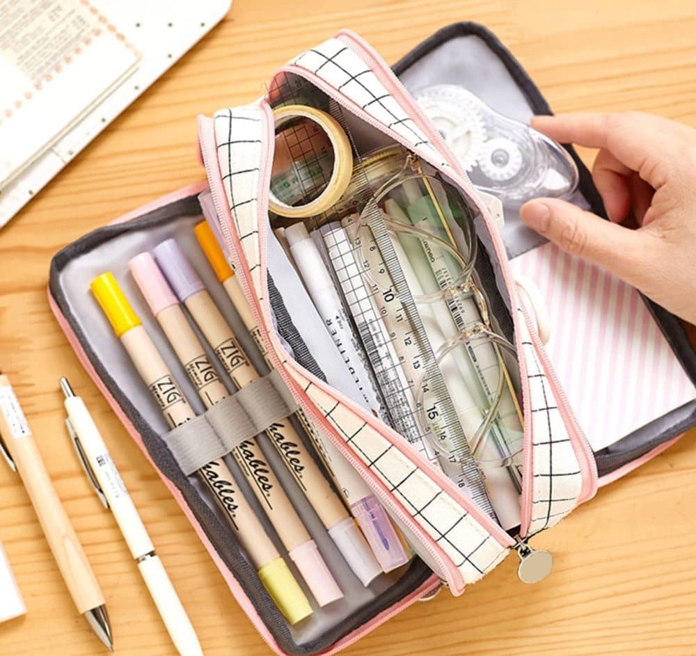 White Spacious Pencil Case with 3 Compartments, School Pencil Bag, Multifunctional Holder - Image 6