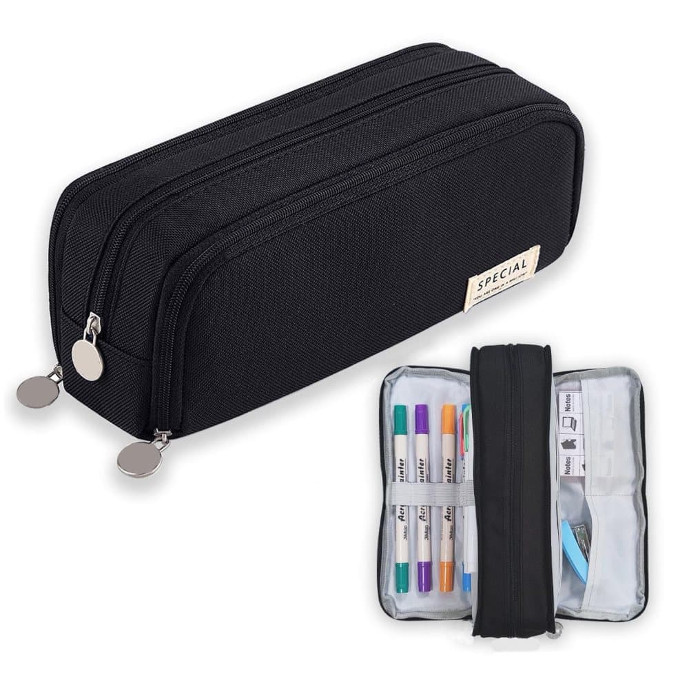 3 Compartment Pencil Case for School, Multifunctional Stationery Organizer, Black, with Spacious Storage - Image 1