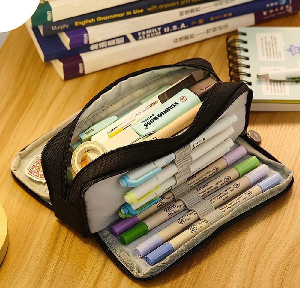 3 Compartment Pencil Case for School, Multifunctional Stationery Organizer, Black, with Spacious Storage - Image 2