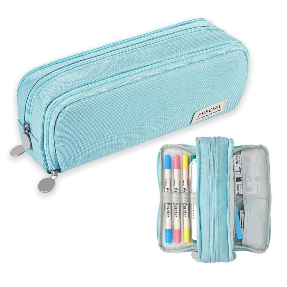 Blue Spacious Pencil Case with 3 Compartments, School Pencil Bag, Multifunctional Holder - Image 1