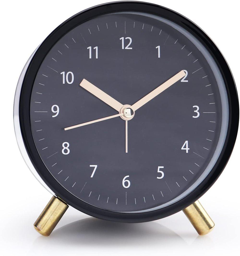 Silent Alarm Clock with Night Light and Backlight, Small Metal Clock for Bedroom Office Living Room, Black - Image 2