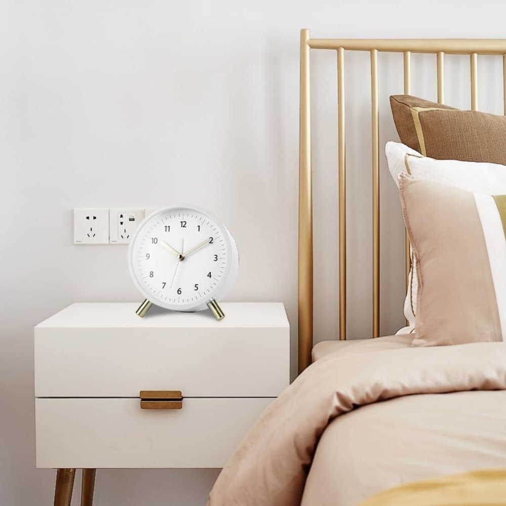 White Silent Alarm Clock with Night Light and Backlight, Small Metal Clock for Bedroom Office Living Room, 3.5 inches - Image 7