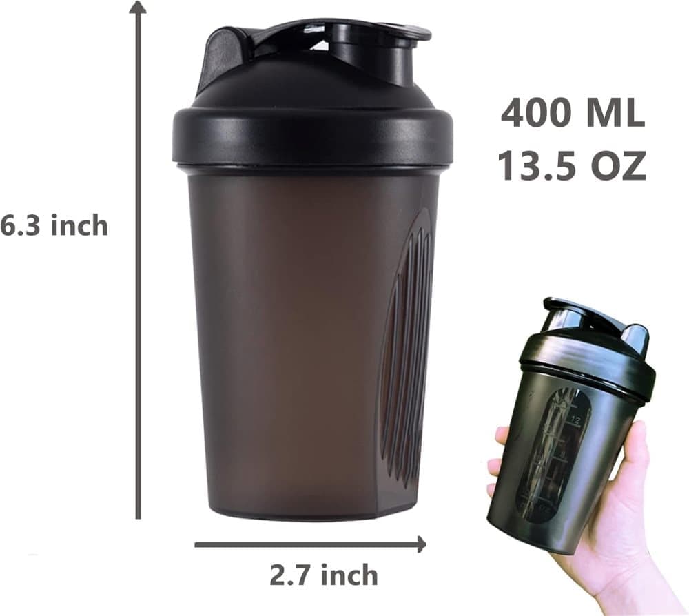 400 ml Protein Shaker, Leak-proof Water Bottle with Stainless Steel Strainer and Measuring Scale, Black - Image 2