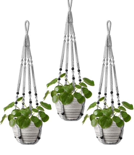 3 pcs Bohemian Plant Hanger for Indoor Plants with Braided Rope Beads and Lace Decoration, 35 Inch, Gray - Image 1