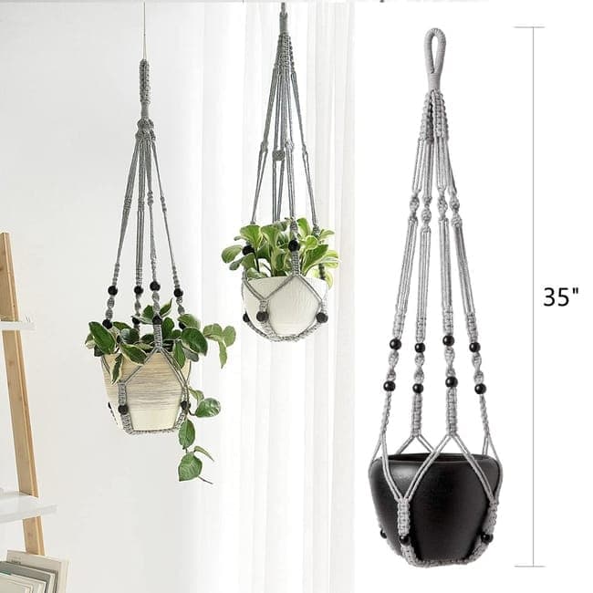 3 pcs Bohemian Plant Hanger for Indoor Plants with Braided Rope Beads and Lace Decoration, 35 Inch, Gray - Image 2