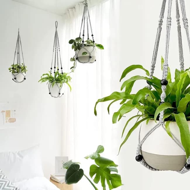 3 pcs Bohemian Plant Hanger for Indoor Plants with Braided Rope Beads and Lace Decoration, 35 Inch, Gray - Image 4