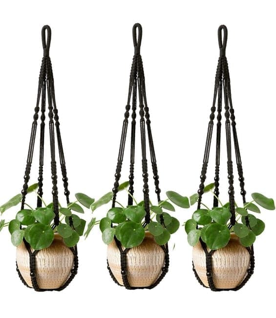 3 pcs Bohemian Plant Hanger for Indoor Plants with Braided Rope Beads and Lace Decoration, 35 Inch, Black - Image 1