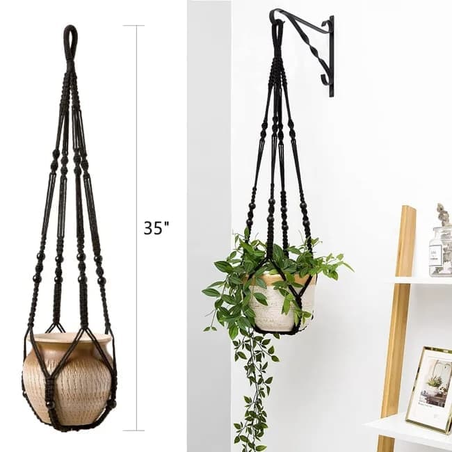 3 pcs Bohemian Plant Hanger for Indoor Plants with Braided Rope Beads and Lace Decoration, 35 Inch, Black - Image 2
