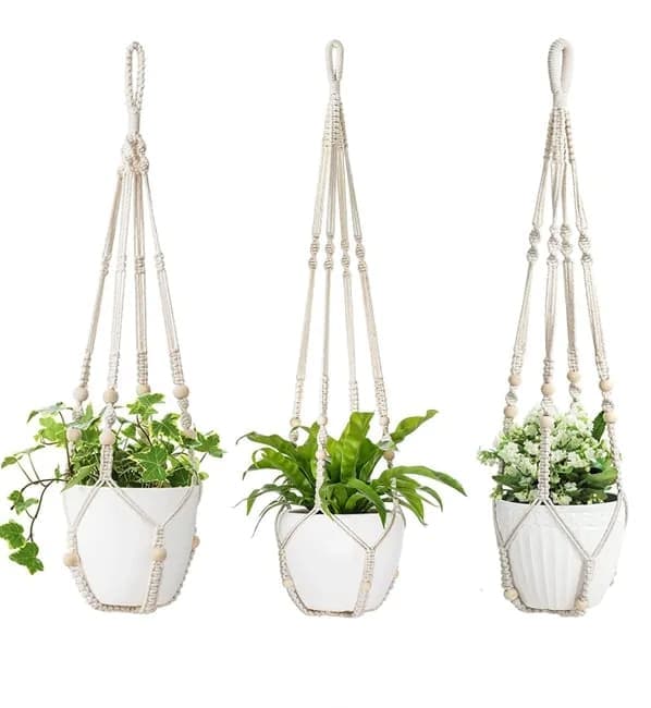 3 pcs Bohemian Plant Hanger for Indoor Plants with Braided Rope Beads and Lace Decoration, 35 Inch, White - Image 1
