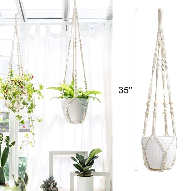 3 pcs Bohemian Plant Hanger for Indoor Plants with Braided Rope Beads and Lace Decoration, 35 Inch, White - Image 2