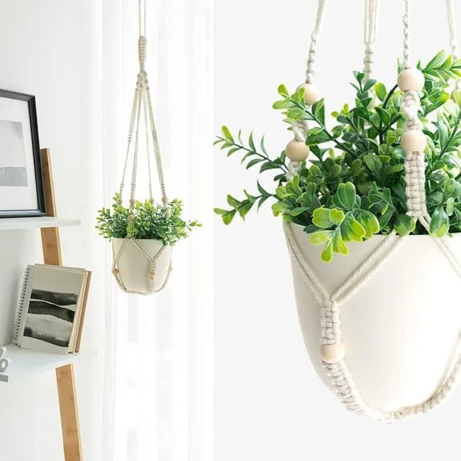 3 pcs Bohemian Plant Hanger for Indoor Plants with Braided Rope Beads and Lace Decoration, 35 Inch, White - Image 4