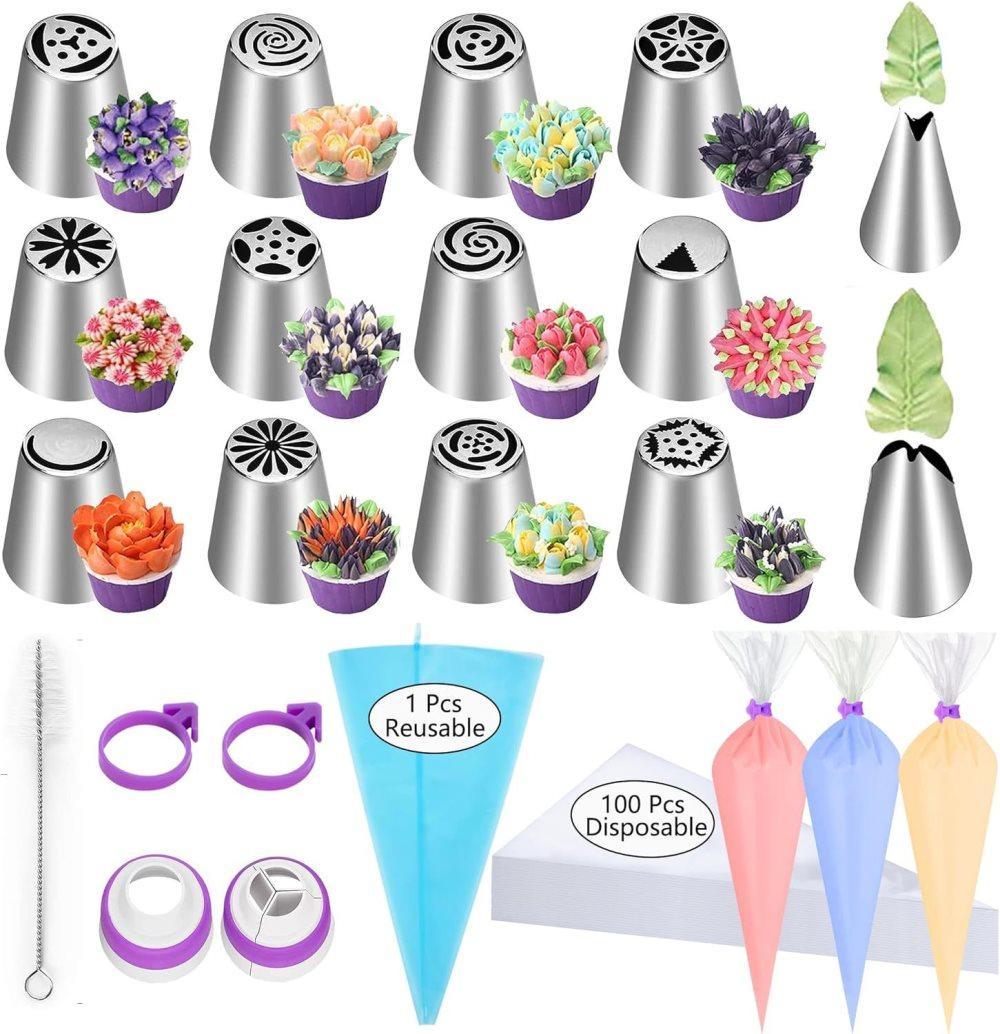 120-Piece Cake Decorating Piping Bag and Nozzle Set with Tulle, 12-Inch - Image 1