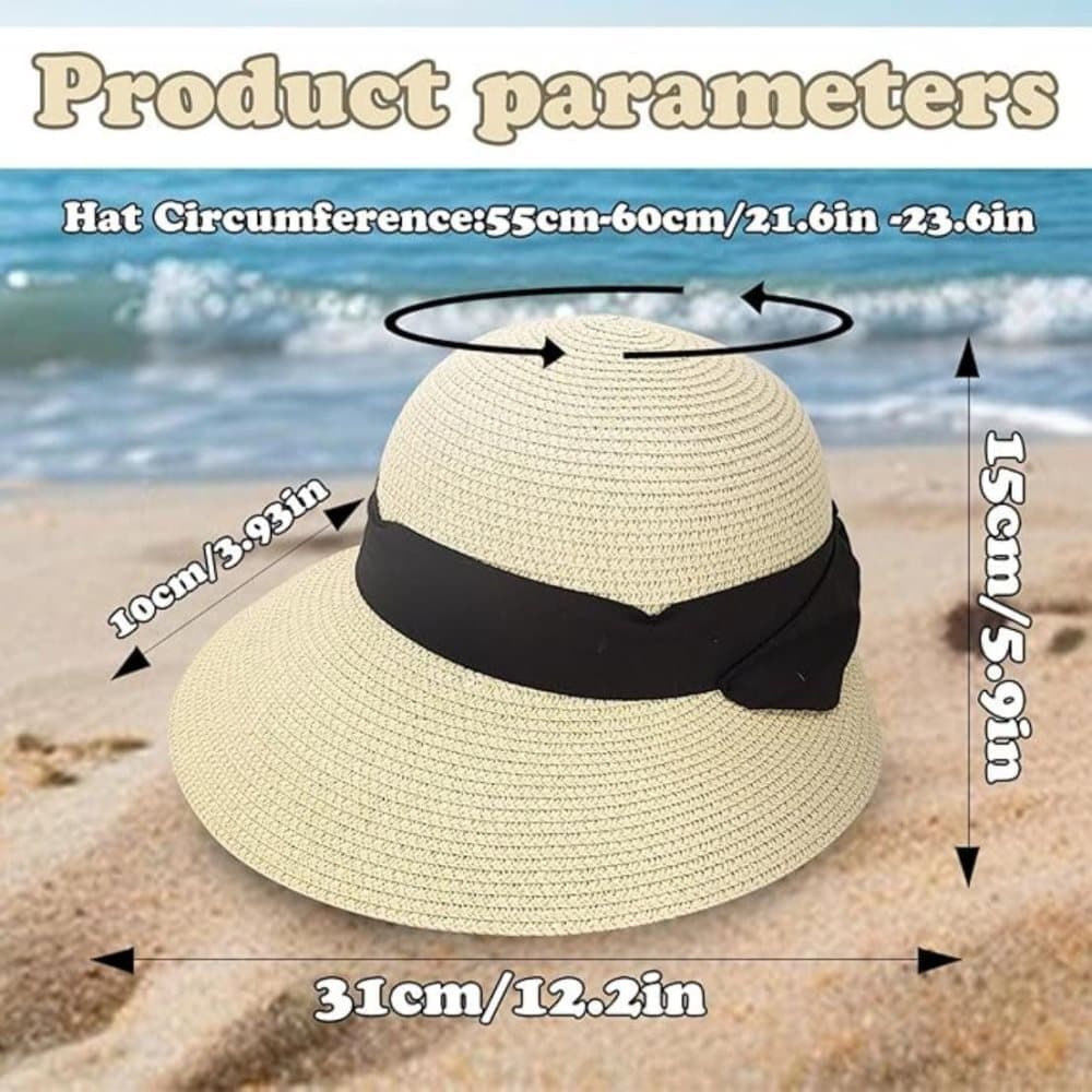 UV-protective Straw Beach Hat Wide Brim Foldable Breathable for Summer Outdoor, Beige - Image 2