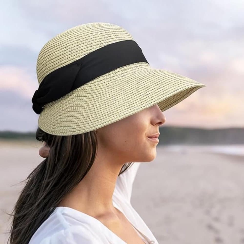 UV-protective Straw Beach Hat Wide Brim Foldable Breathable for Summer Outdoor, Beige - Image 3
