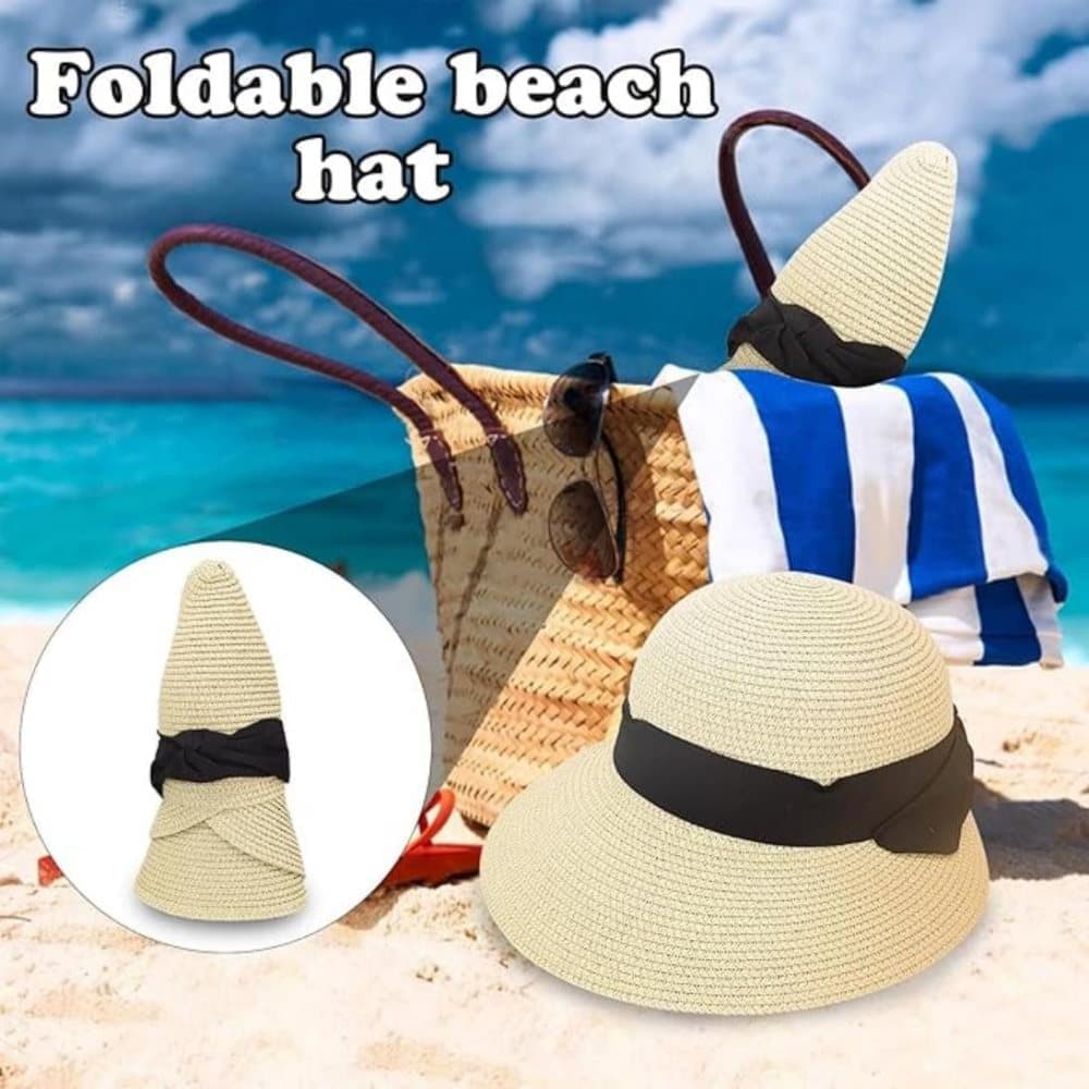 UV-protective Straw Beach Hat Wide Brim Foldable Breathable for Summer Outdoor, Beige - Image 4