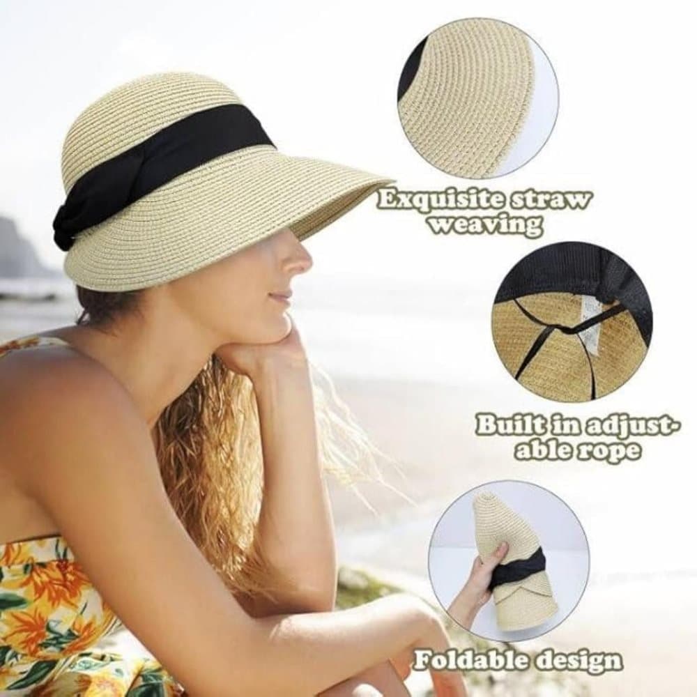 UV-protective Straw Beach Hat Wide Brim Foldable Breathable for Summer Outdoor, Beige - Image 5