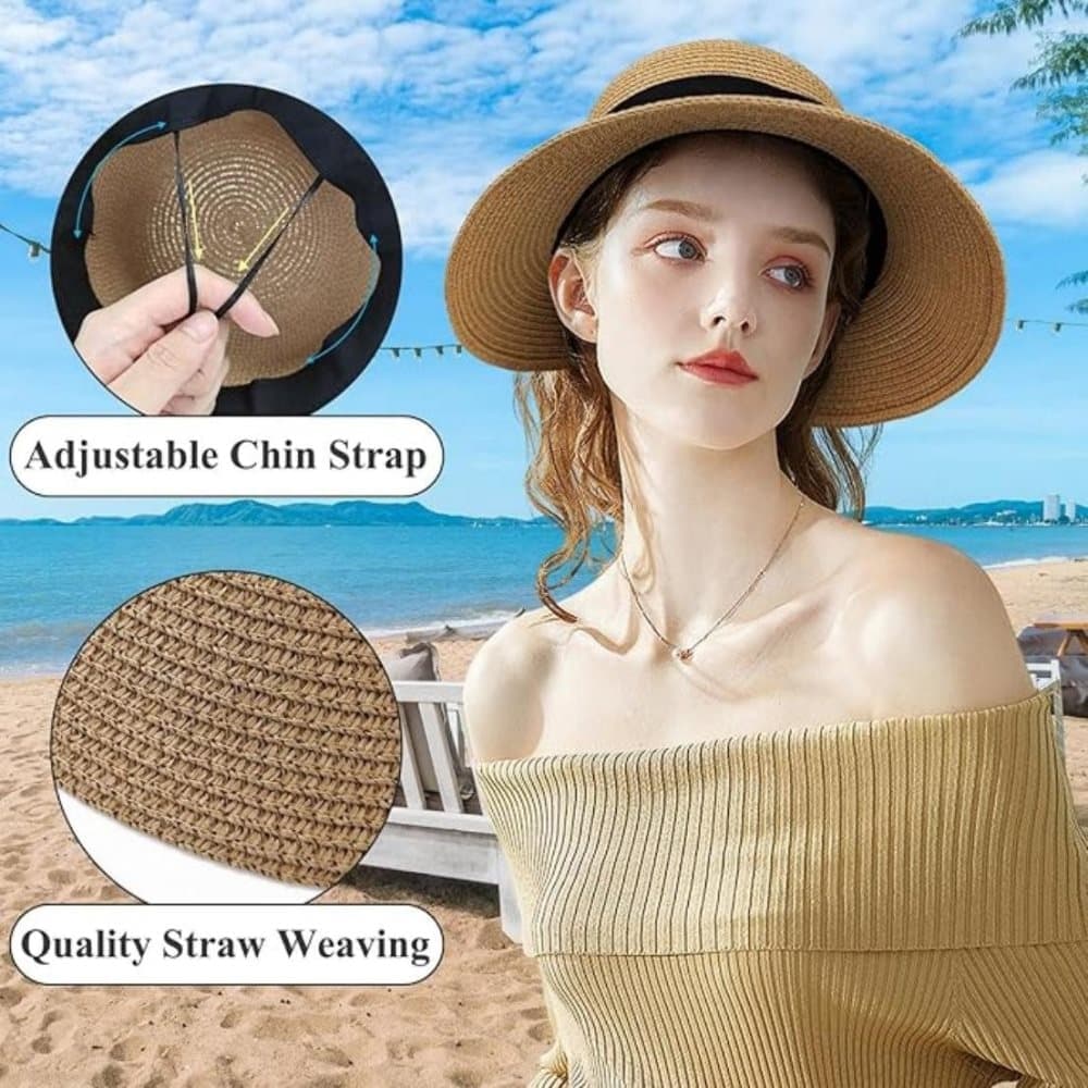 UV Protective Straw Beach Hat Wide Brim Foldable Breathable Summer Outdoor, Brown - Image 3